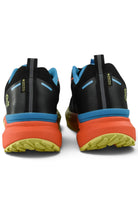 Waterproof running shoes heel view: black heel tabs with blue accents and orange cushioning.