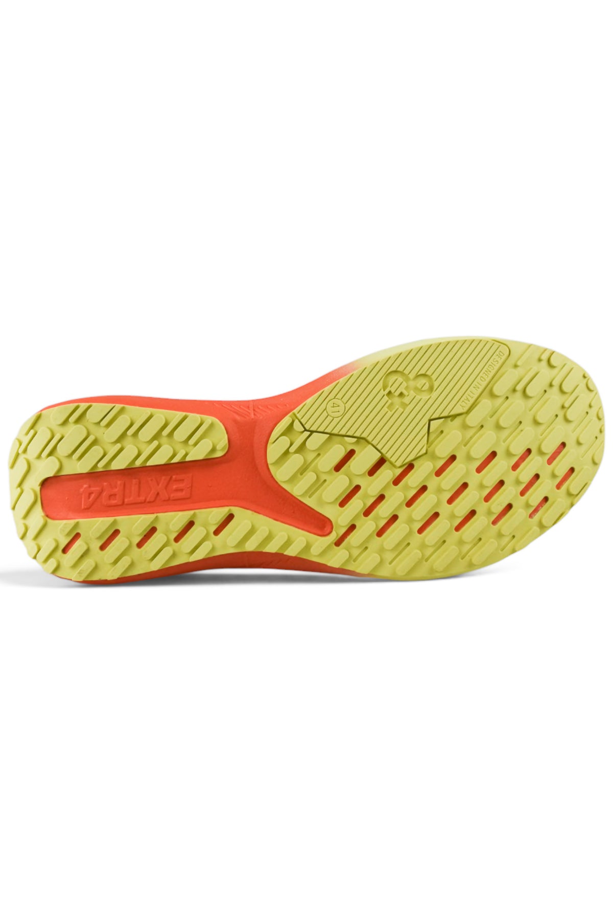 Waterproof running shoe outsole, tread side: pale yellow base with red and green heel sections.