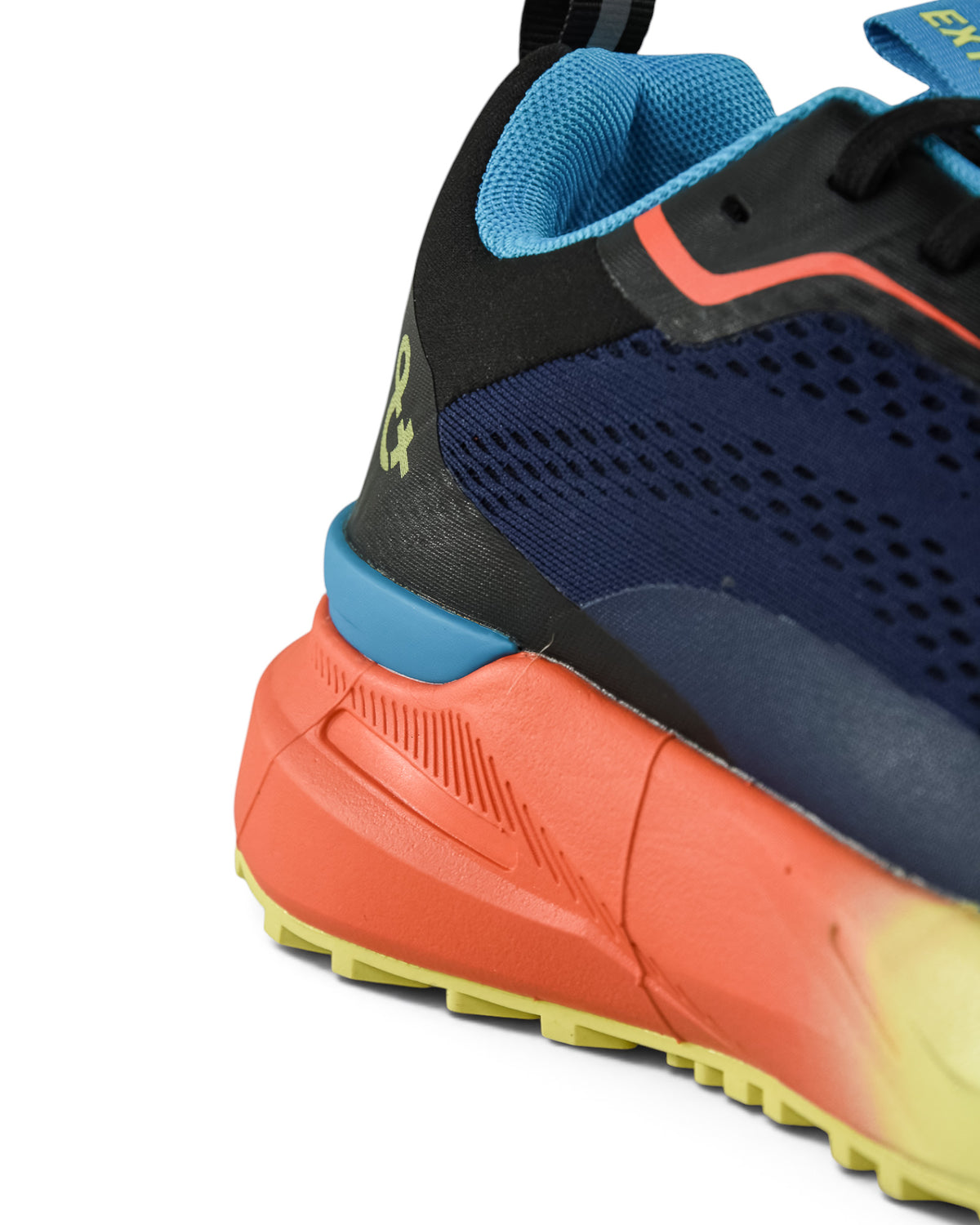 Waterproof running shoe close-up: side collar in black and bright blue with orange midsole edge.