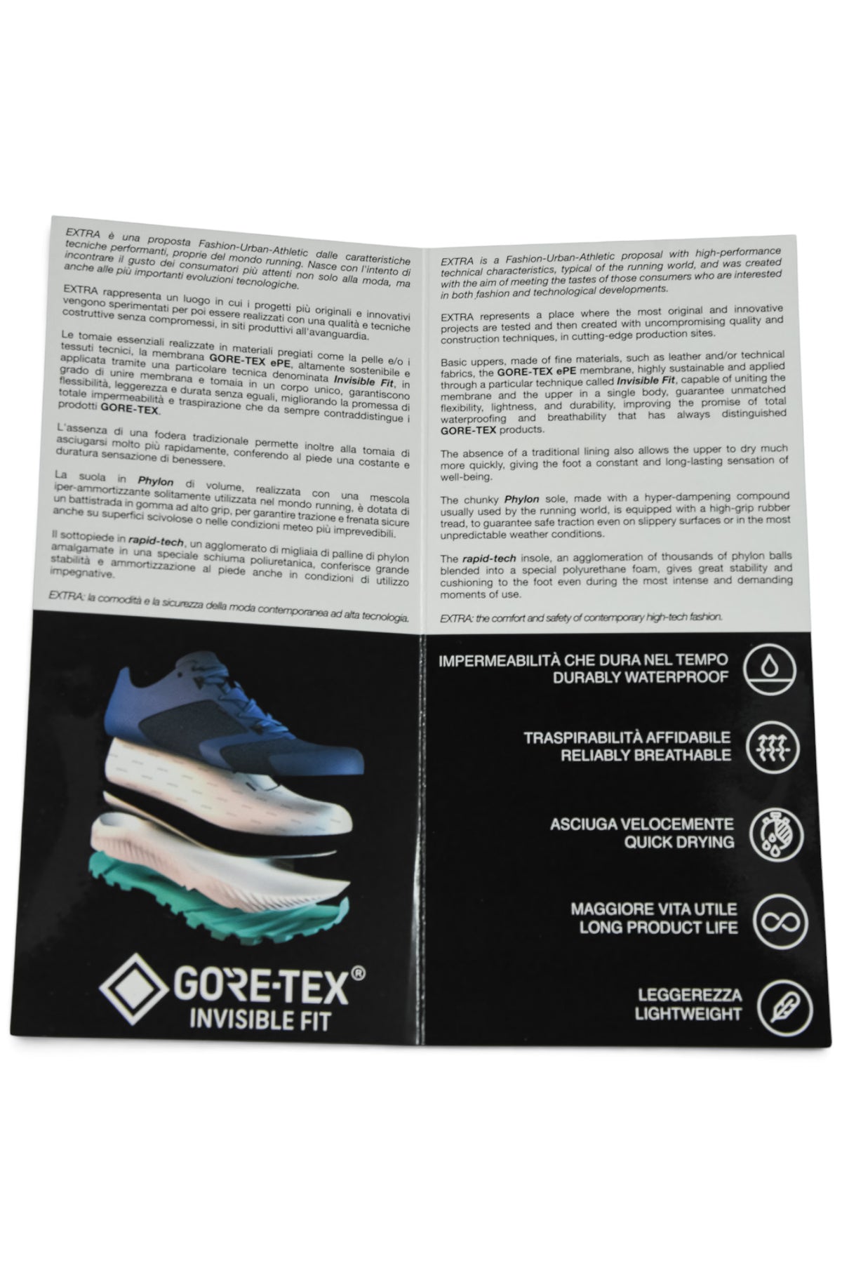 GORE-TEX product information booklet with waterproof and breathable feature icons