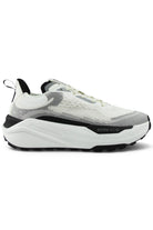 Waterproof running shoes in white and gray with black accents, lace-up design