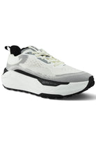 White and gray waterproof lace-up runners with black side panels and chunky tread