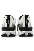 Back view of white and gray waterproof running shoes with black heel support