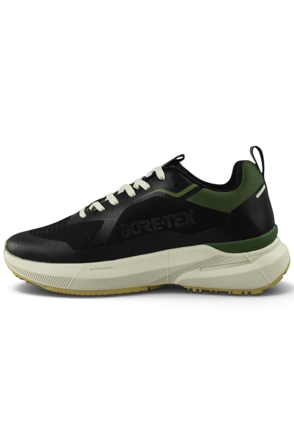 Waterproof GTX running shoe front three-quarter view in black with green accents