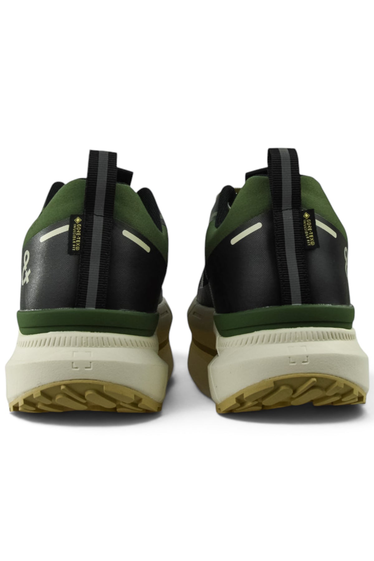 Waterproof GTX running shoe heel view in black with green detail and pull tabs