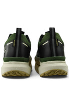 Waterproof GTX running shoe heel view in black with green detail and pull tabs