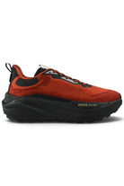 Rust orange and black waterproof running shoes with lace-up closure and rugged outsole