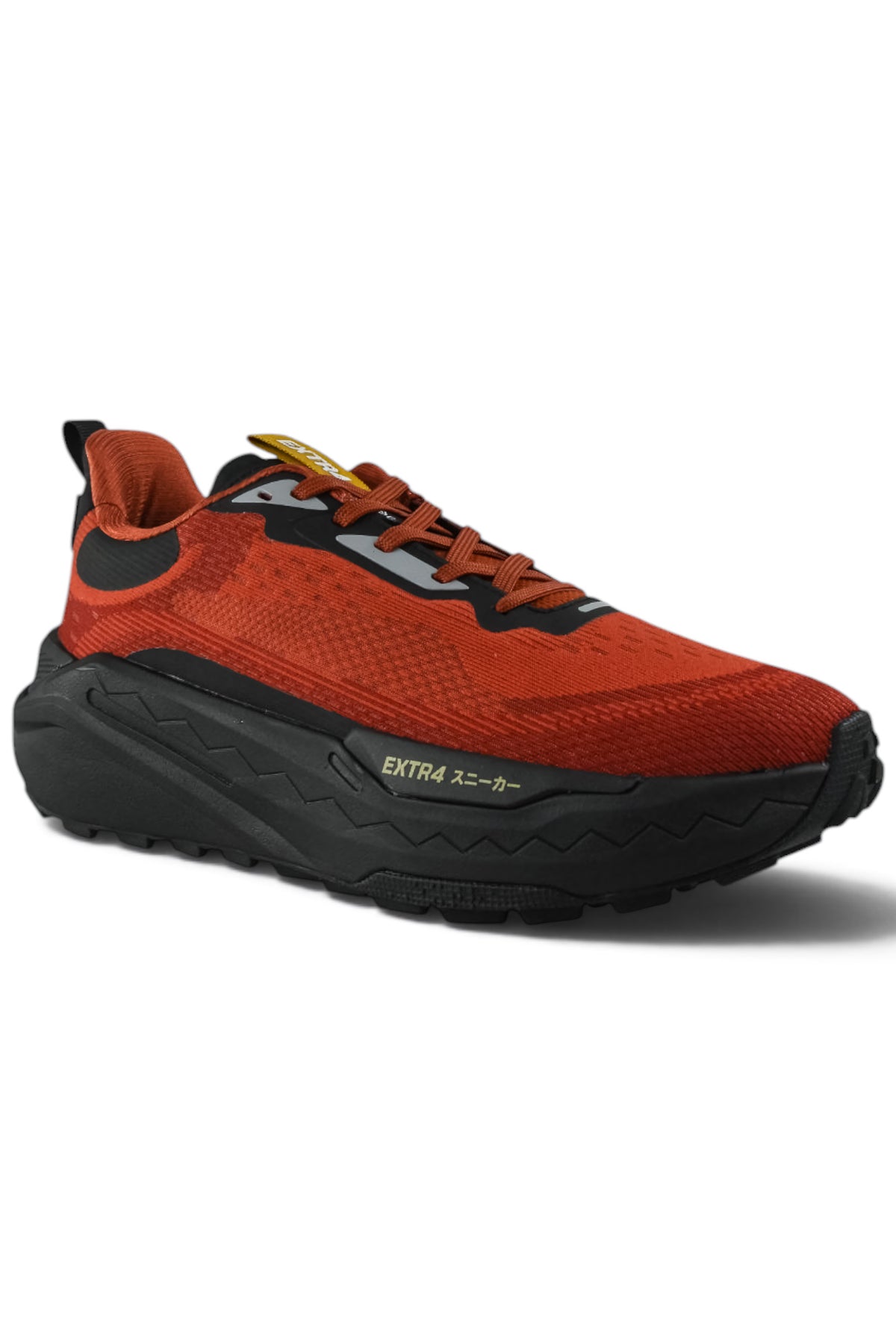 Rust orange waterproof running shoe with black side panels, lace-up and chunky tread