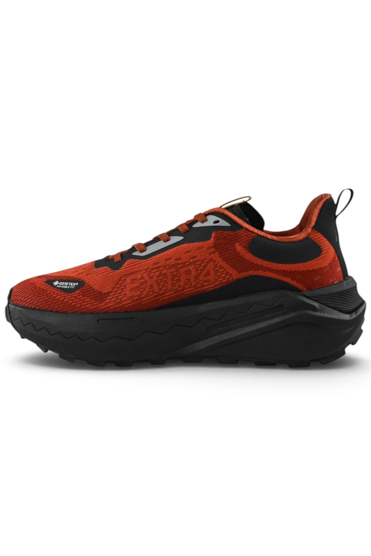 Rust orange and black lace-up waterproof running shoe, side view with textured upper