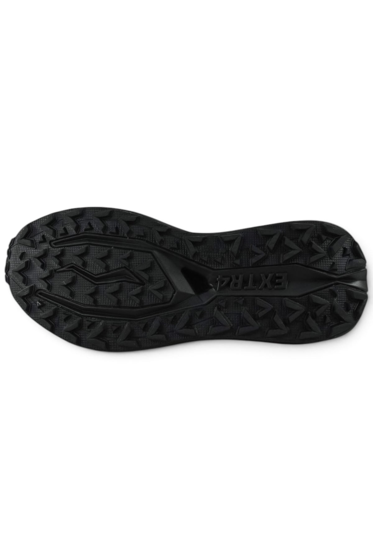 Black outsole tread of waterproof running shoes, rugged traction pattern