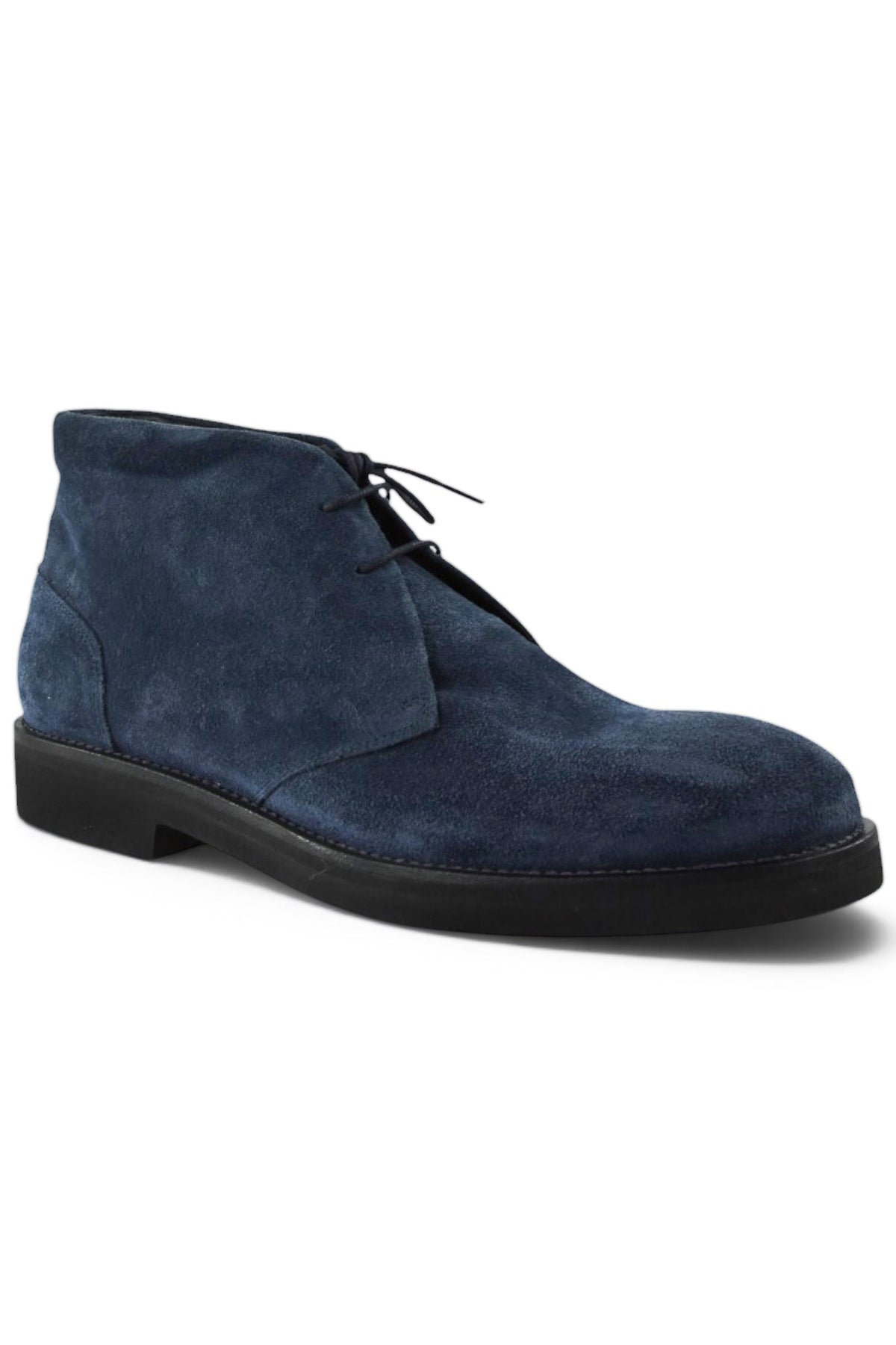 Navy suede chukka boot, side view with lace-up closure and rubber sole