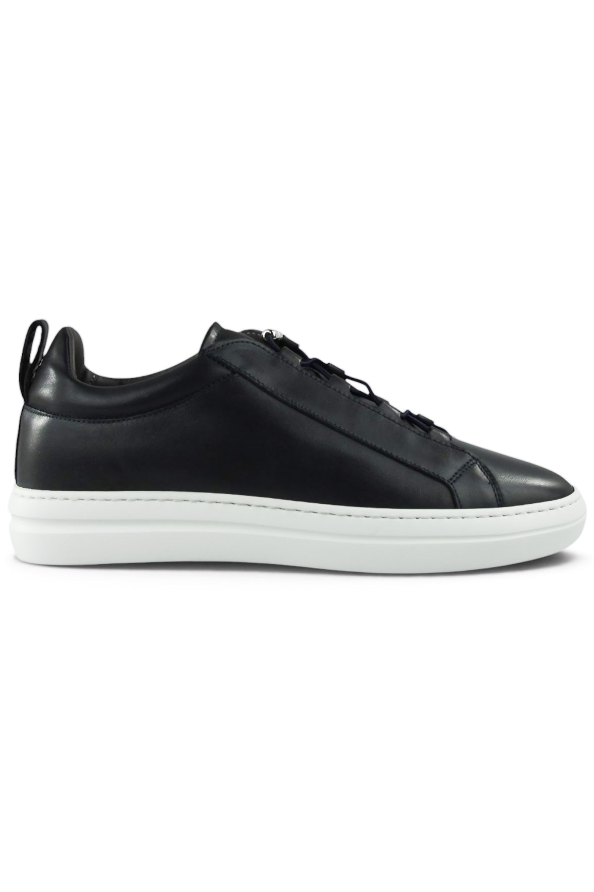 Navy leather low-top sneaker with lace-up front and white rubber sole.