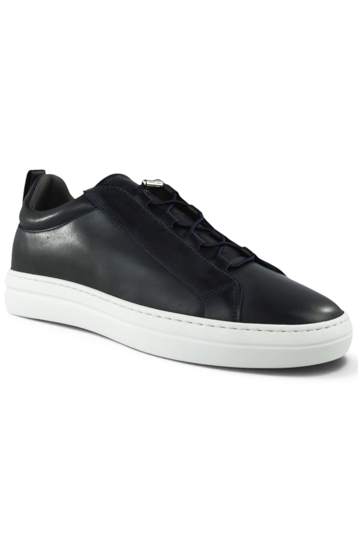 Dark navy leather low-top trainer sneaker with lace-up and metal toggle detail.
