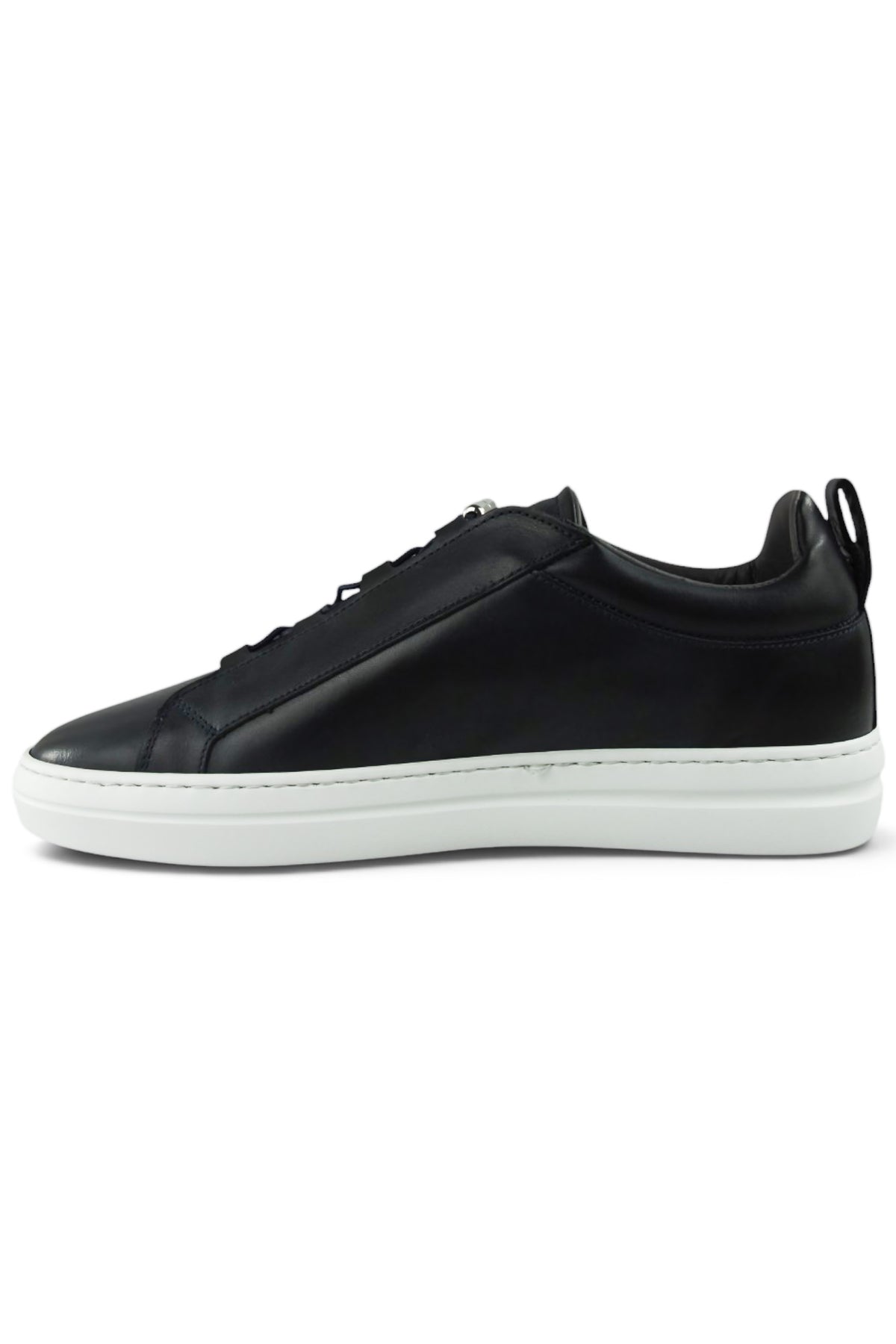 Navy leather low-top sneaker with lace-up, white midsole, and rear pull tab.