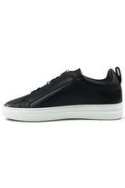 Navy leather low-top sneaker with lace-up, white midsole, and rear pull tab.