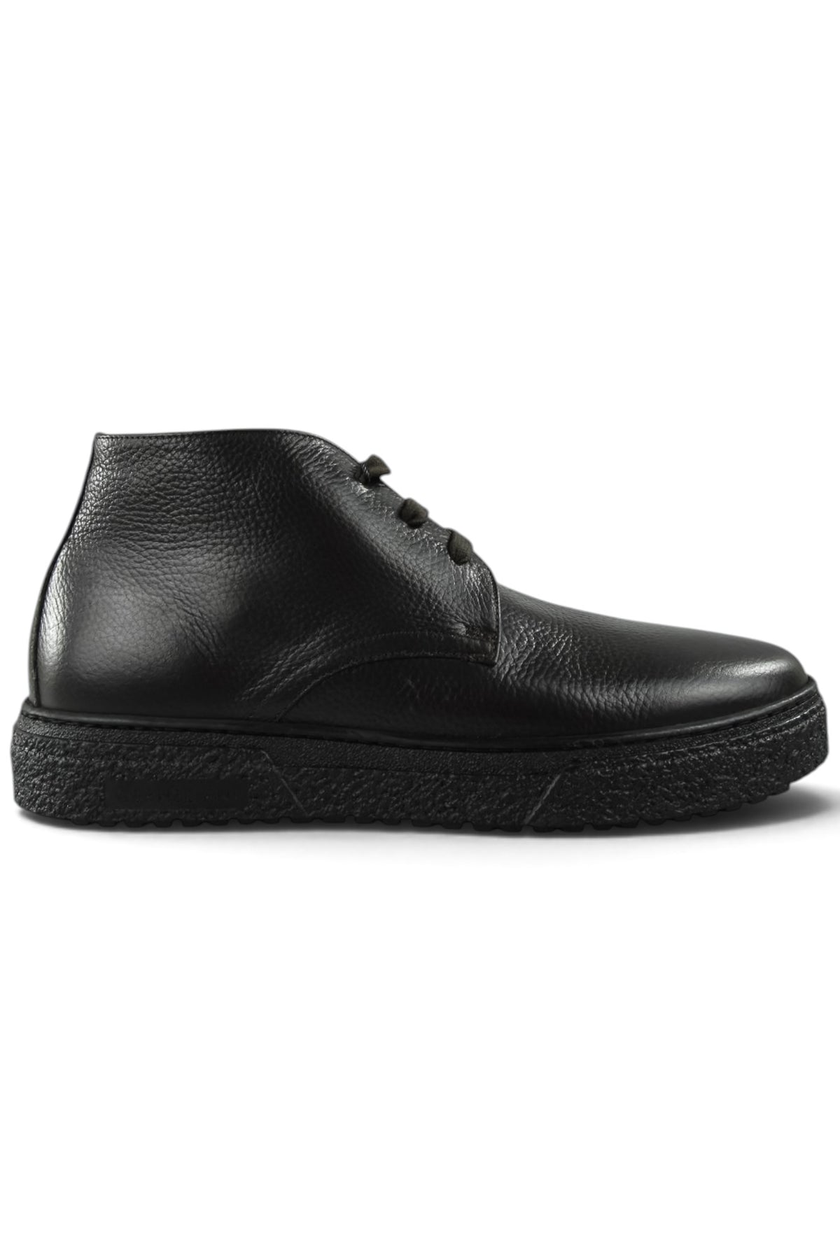 Black leather lace-up ankle boot with rounded toe and thick textured rubber sole.