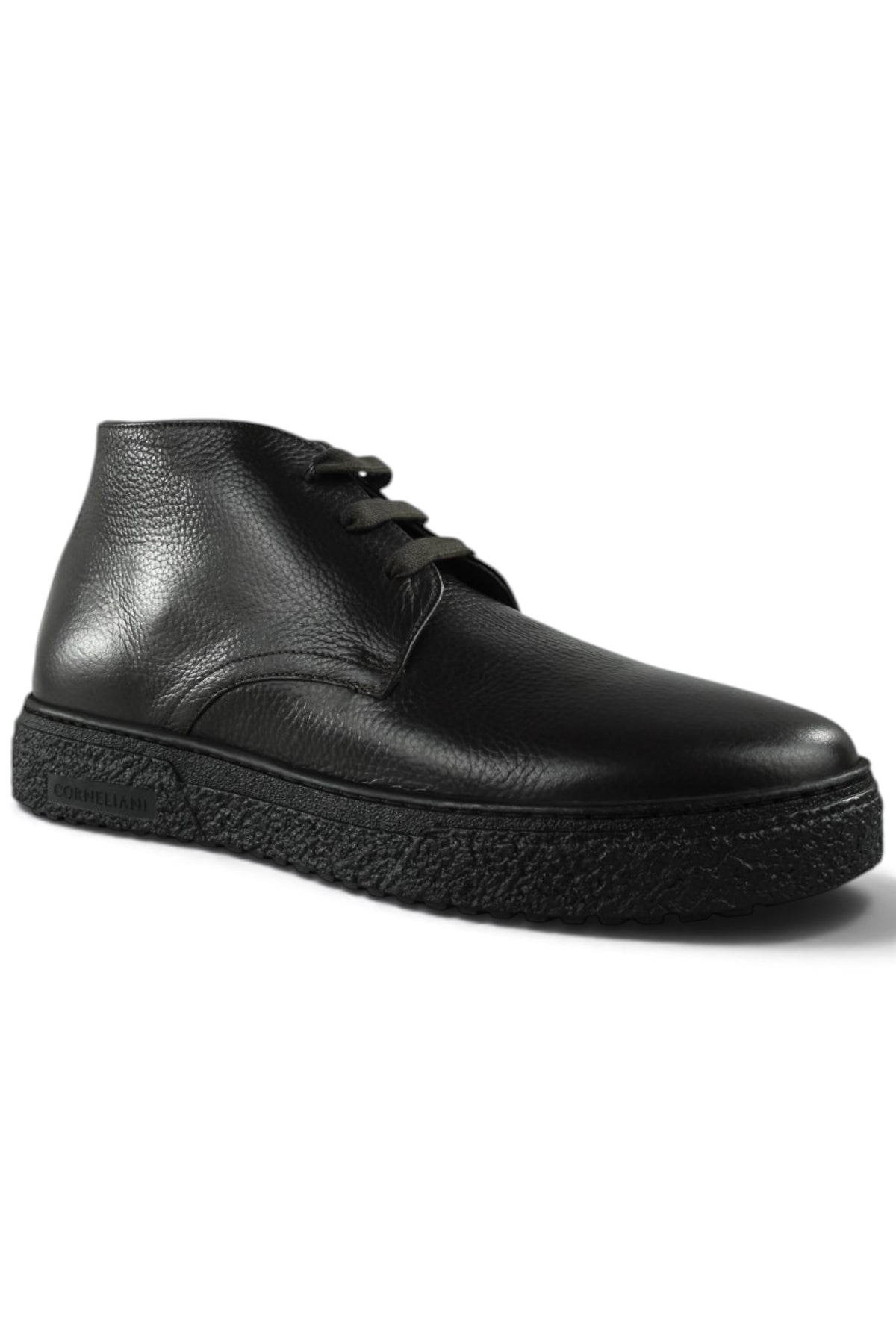 Black leather lace-up ankle boot with low-profile padded sole and side seam.