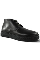 Black leather lace-up ankle boot with low-profile padded sole and side seam.