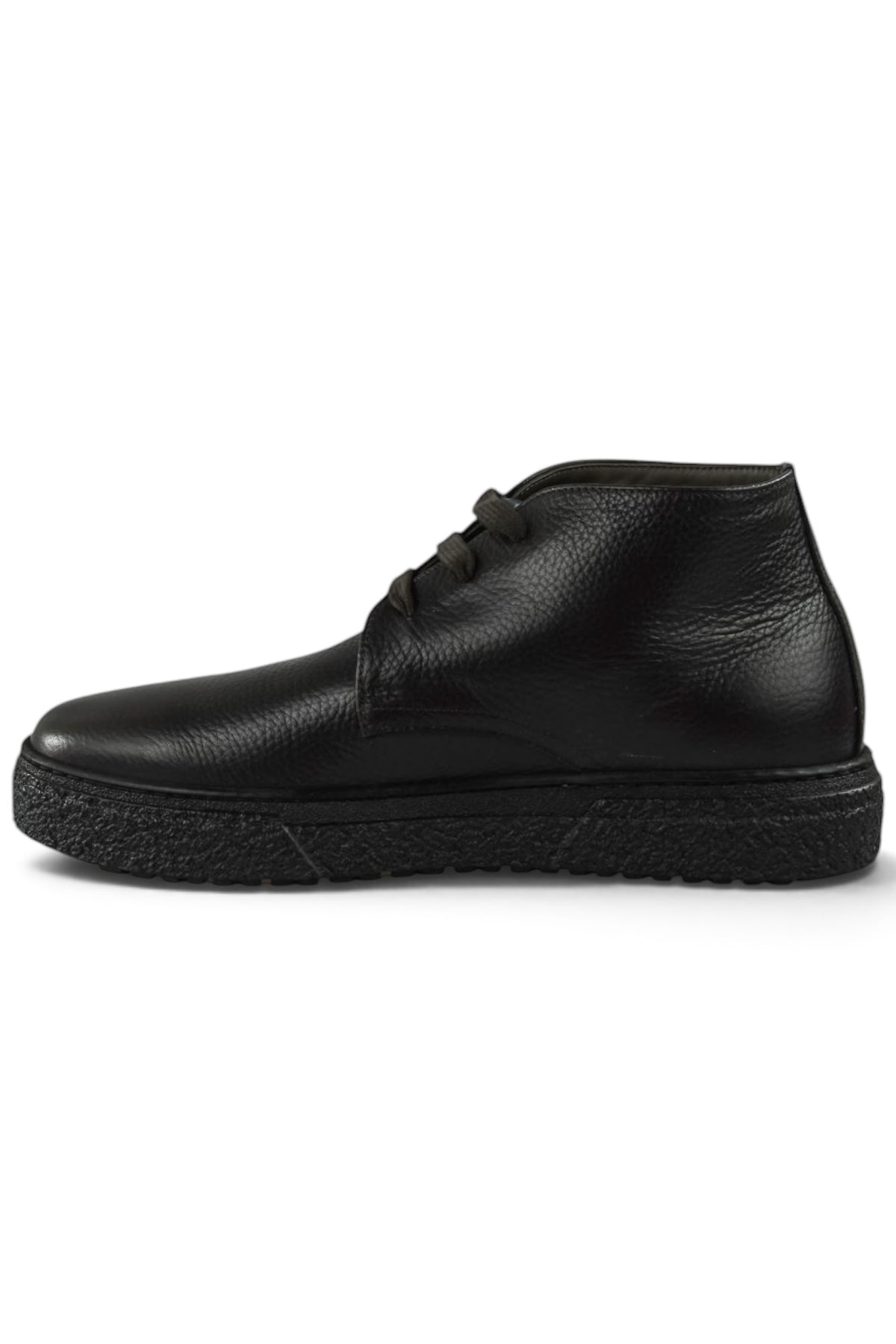Black leather lace-up ankle boot with rugged outsole and smooth upper panel.