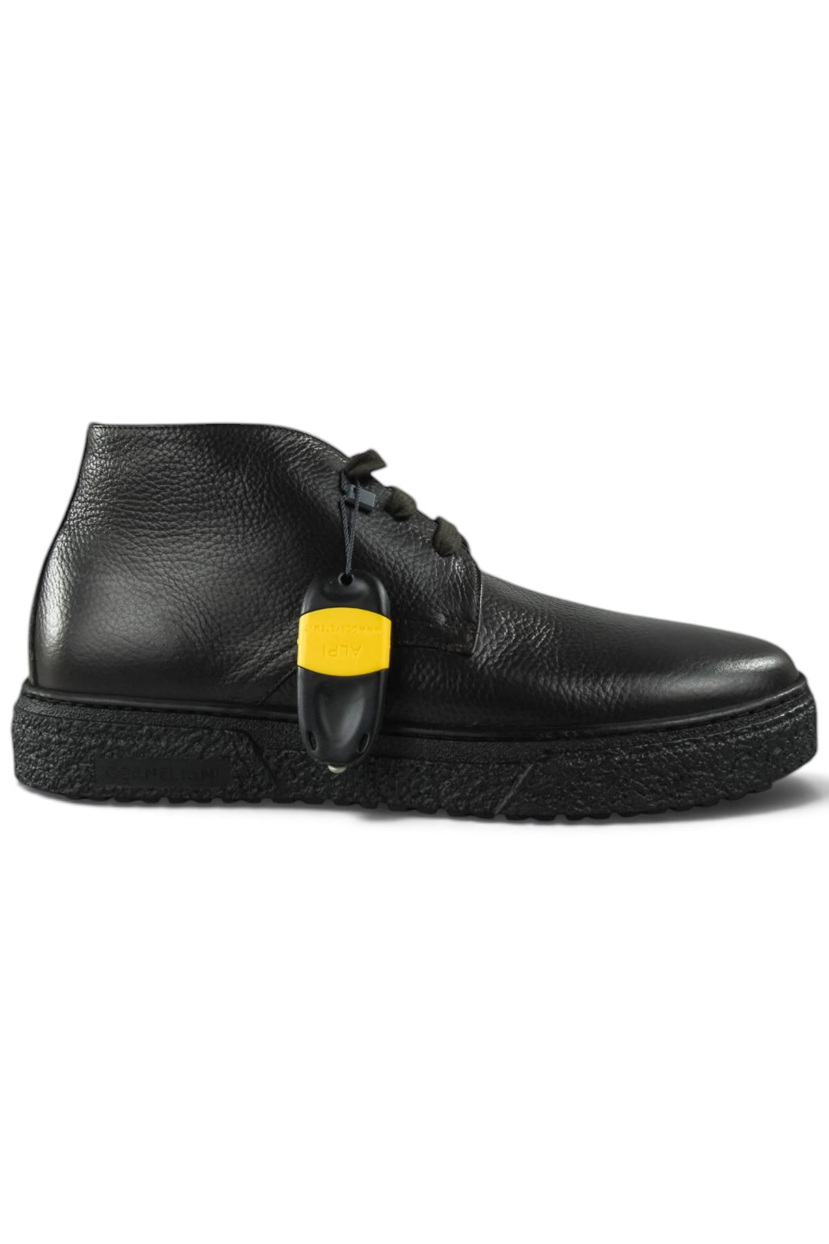 Black leather lace-up ankle boot with branded pull tab and chunky textured sole.