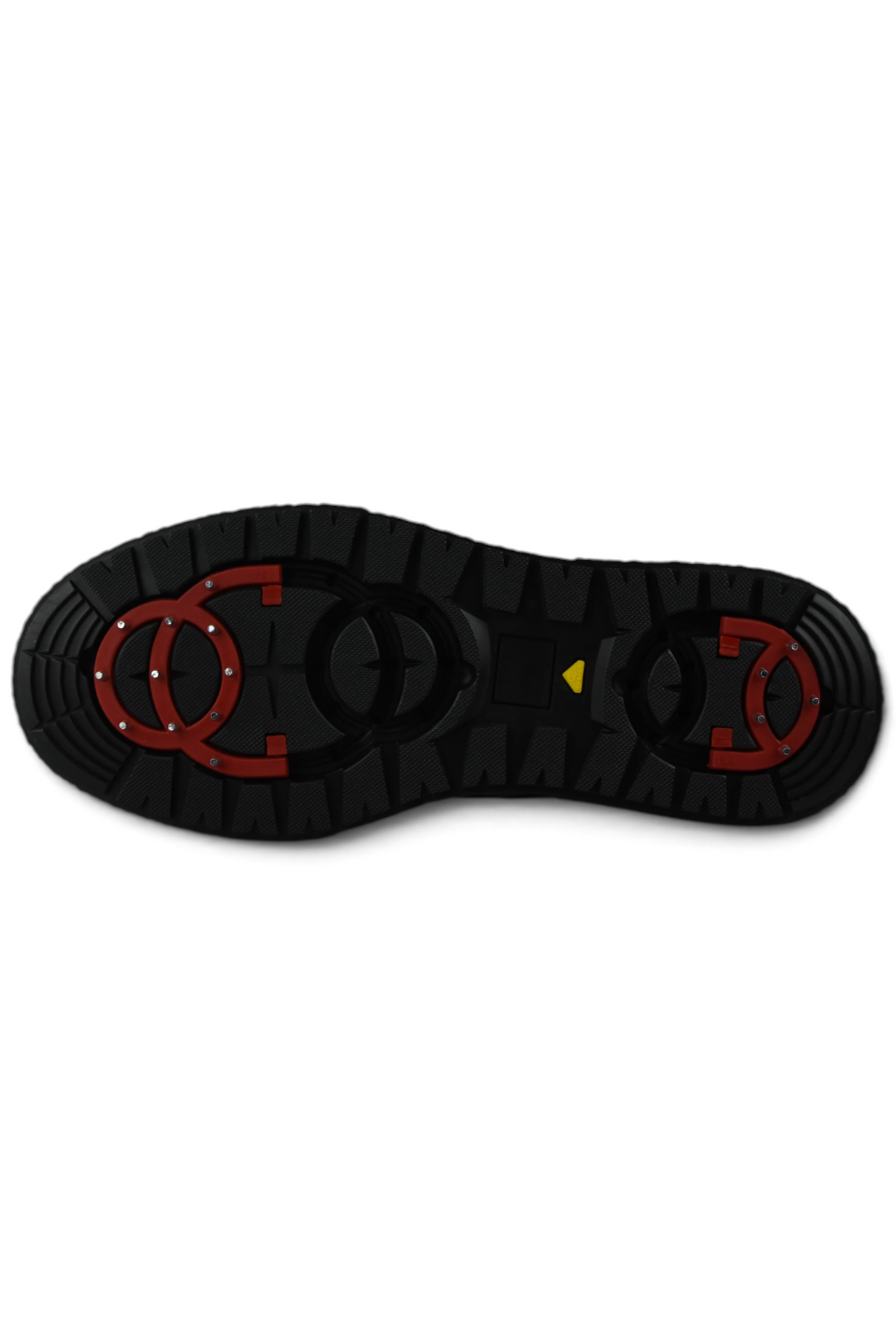 Black boot outsole with deep tread and red traction accents for off-road grip.