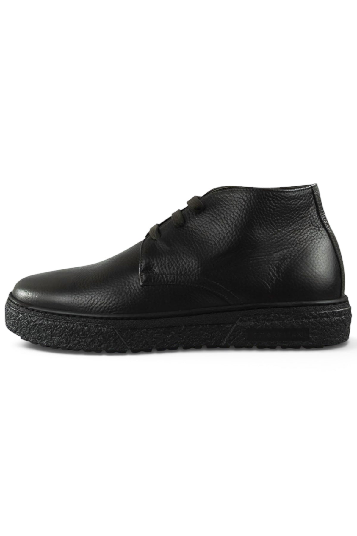 Black leather lace-up ankle boot with textured sidewall and rounded toe.