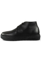 Black leather lace-up ankle boot with textured sidewall and rounded toe.