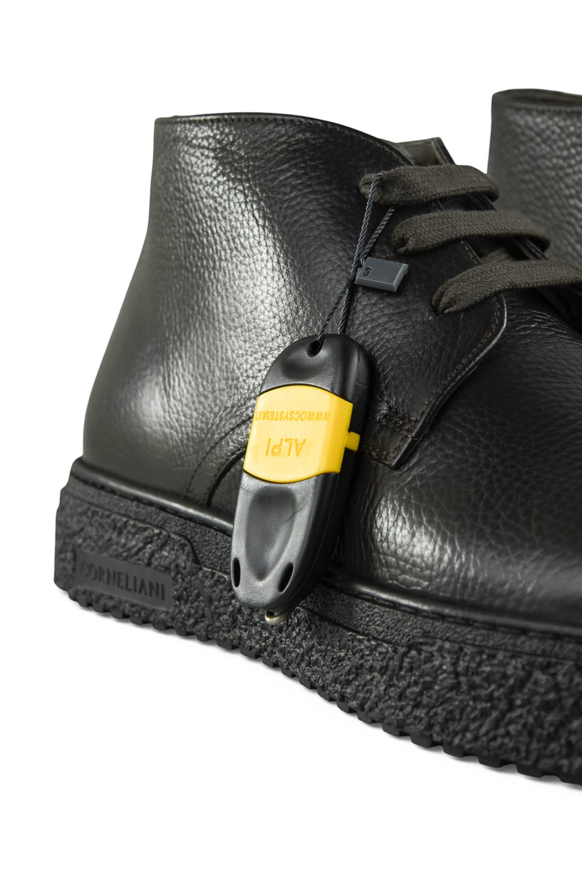 Black leather ankle boots with lace-up closure and rugged textured platform sole