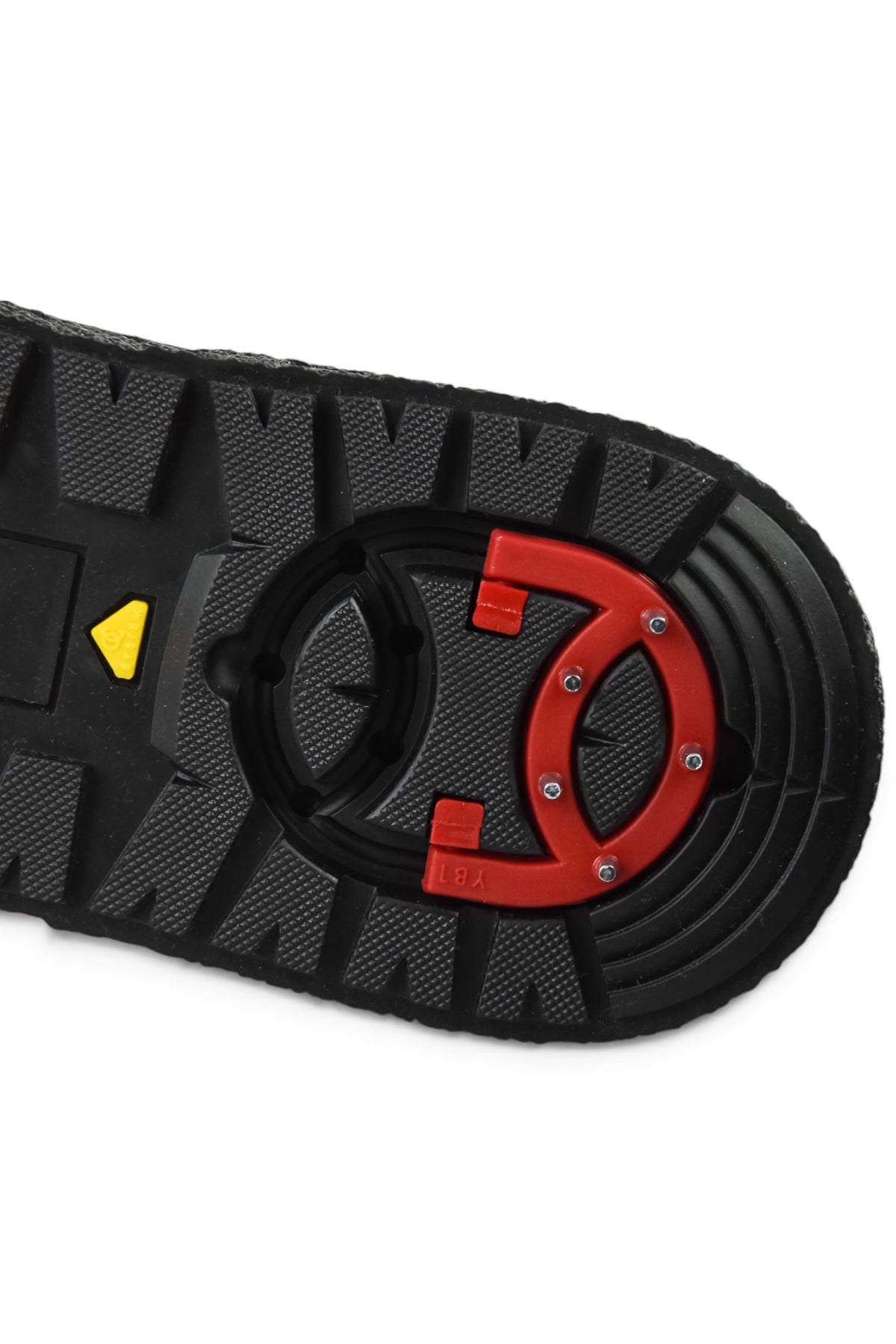 Outsole detail with patterned traction tread, red ring logo, and yellow mark