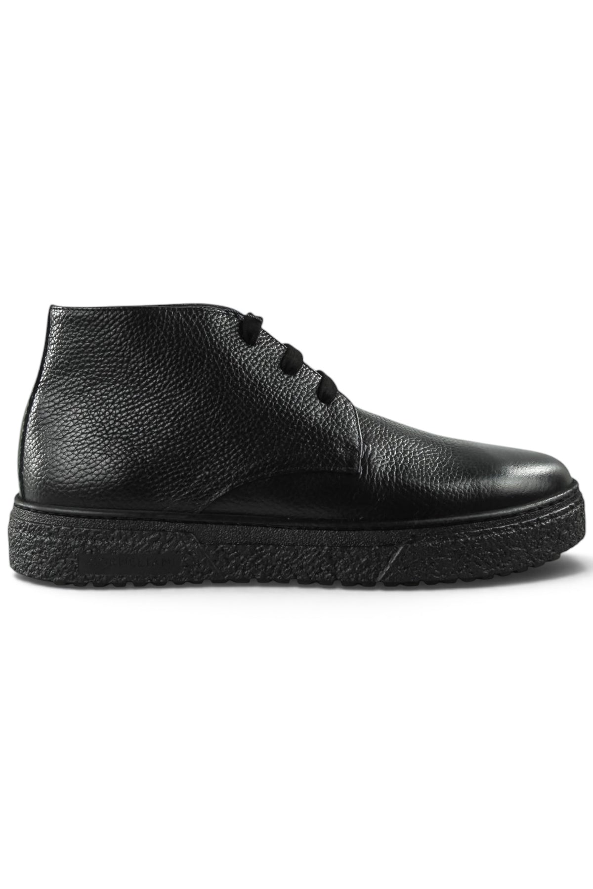 Black leather lace-up ankle boot with thick textured grip sole.