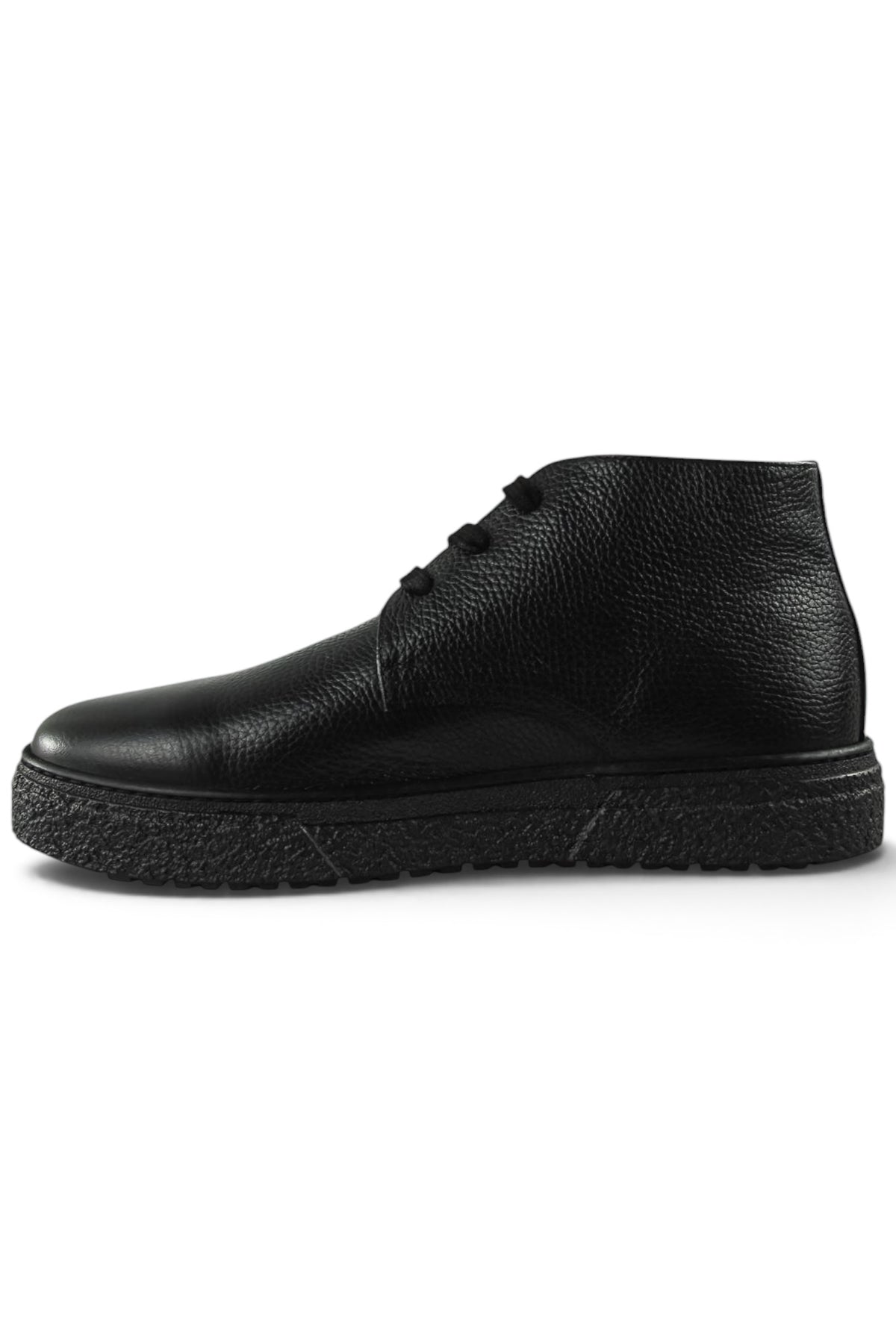 Black leather lace-up ankle boot with rounded toe and rugged tread sole.