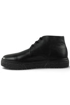 Black leather lace-up ankle boot with rounded toe and rugged tread sole.