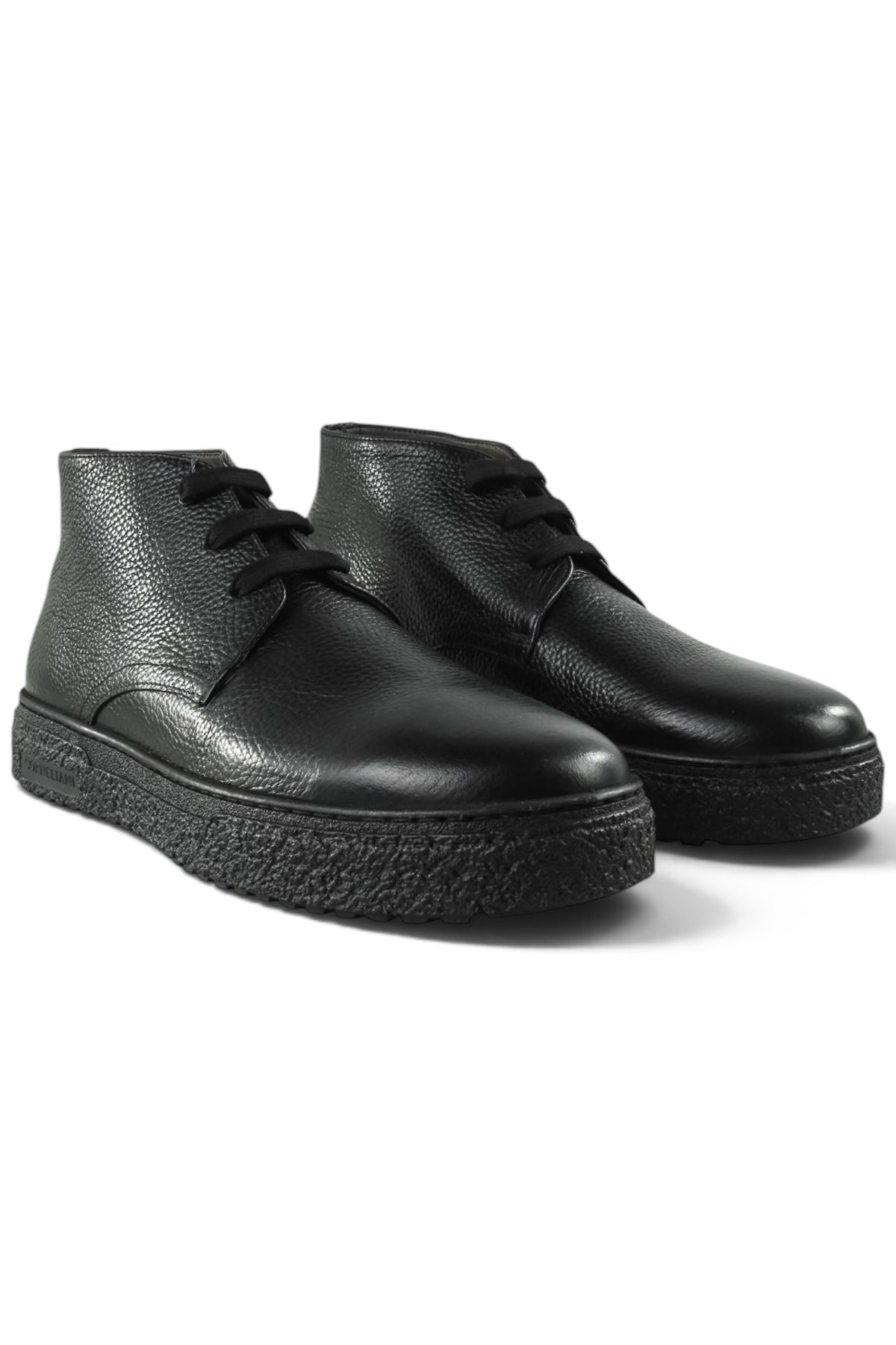 Pair of black leather lace-up ankle boots with rugged, textured rubber sole.