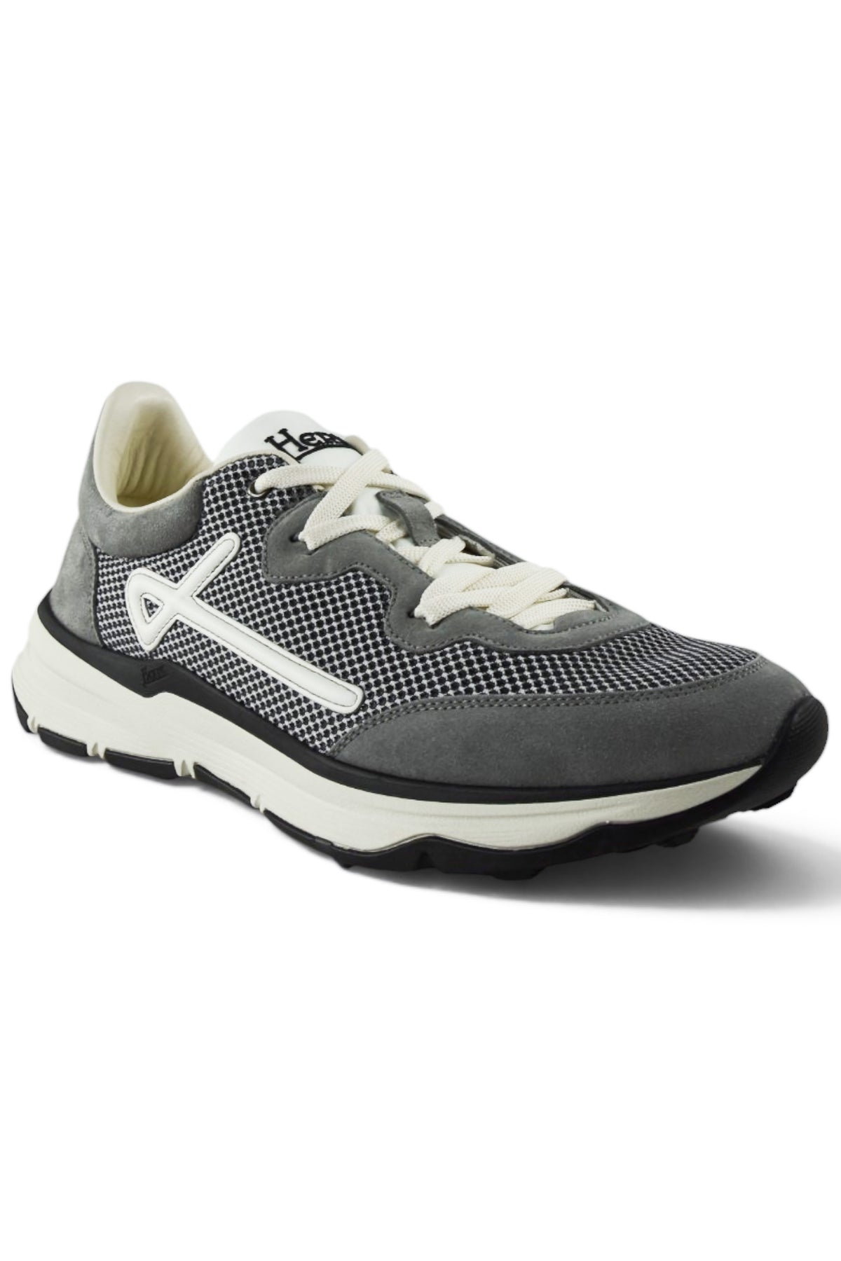 Grey low-profile trainers with white laces, side logo, and light outsole midsole