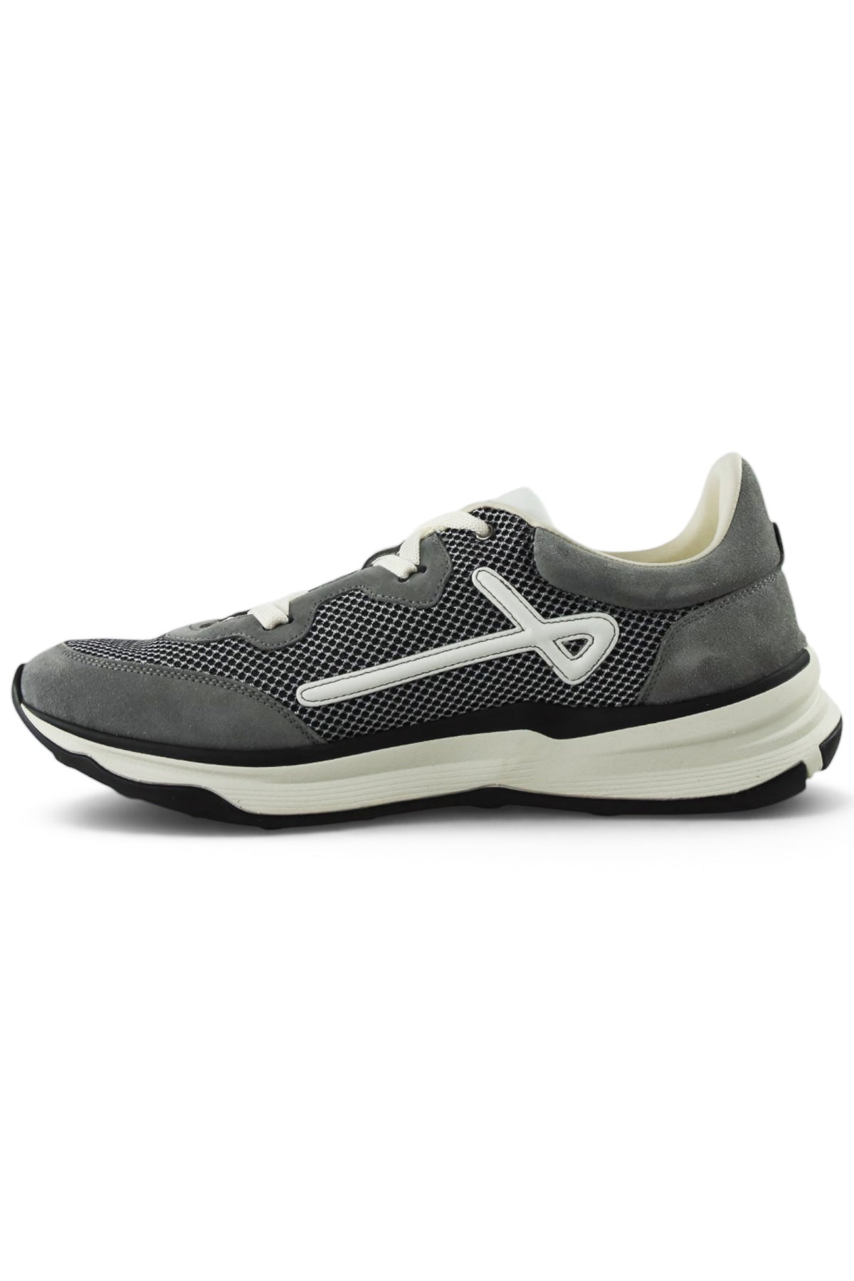 Grey trainers front-left angle with white laces, logo accents, and layered sole