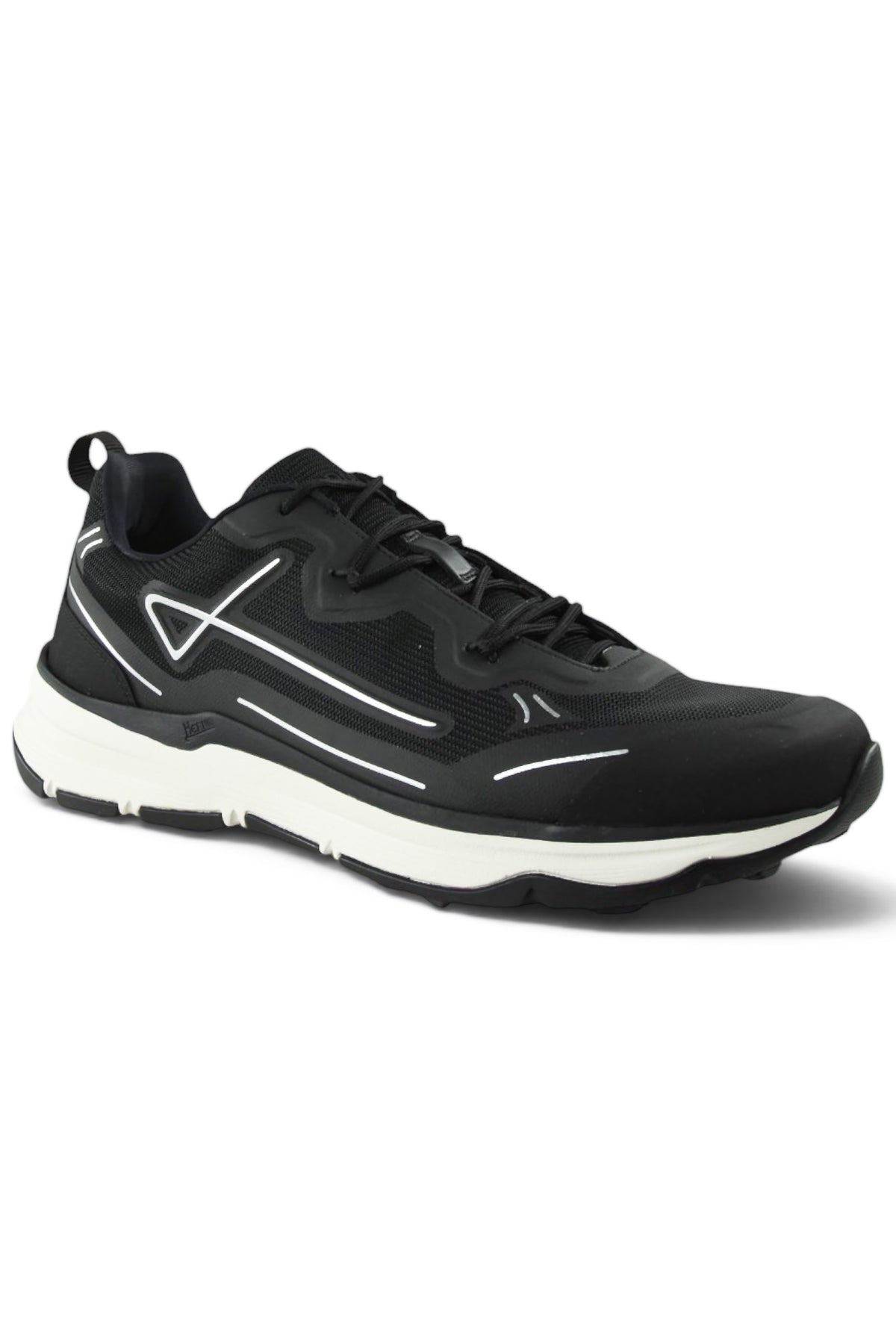Black lace-up athletic trainers with mesh upper, white midsole, and treaded outsole