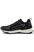 Black lace-up trainers with side logo, low profile mesh panels, and white midsole