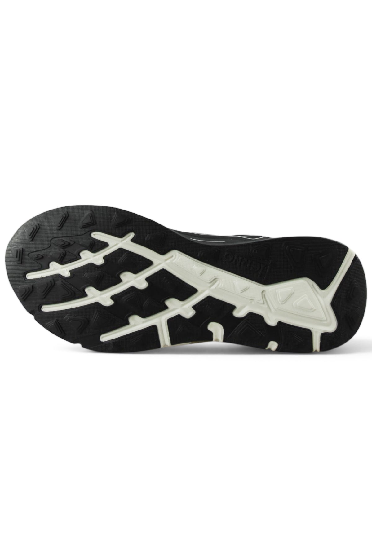 Black trainer outsole with raised traction lugs and light tread pattern