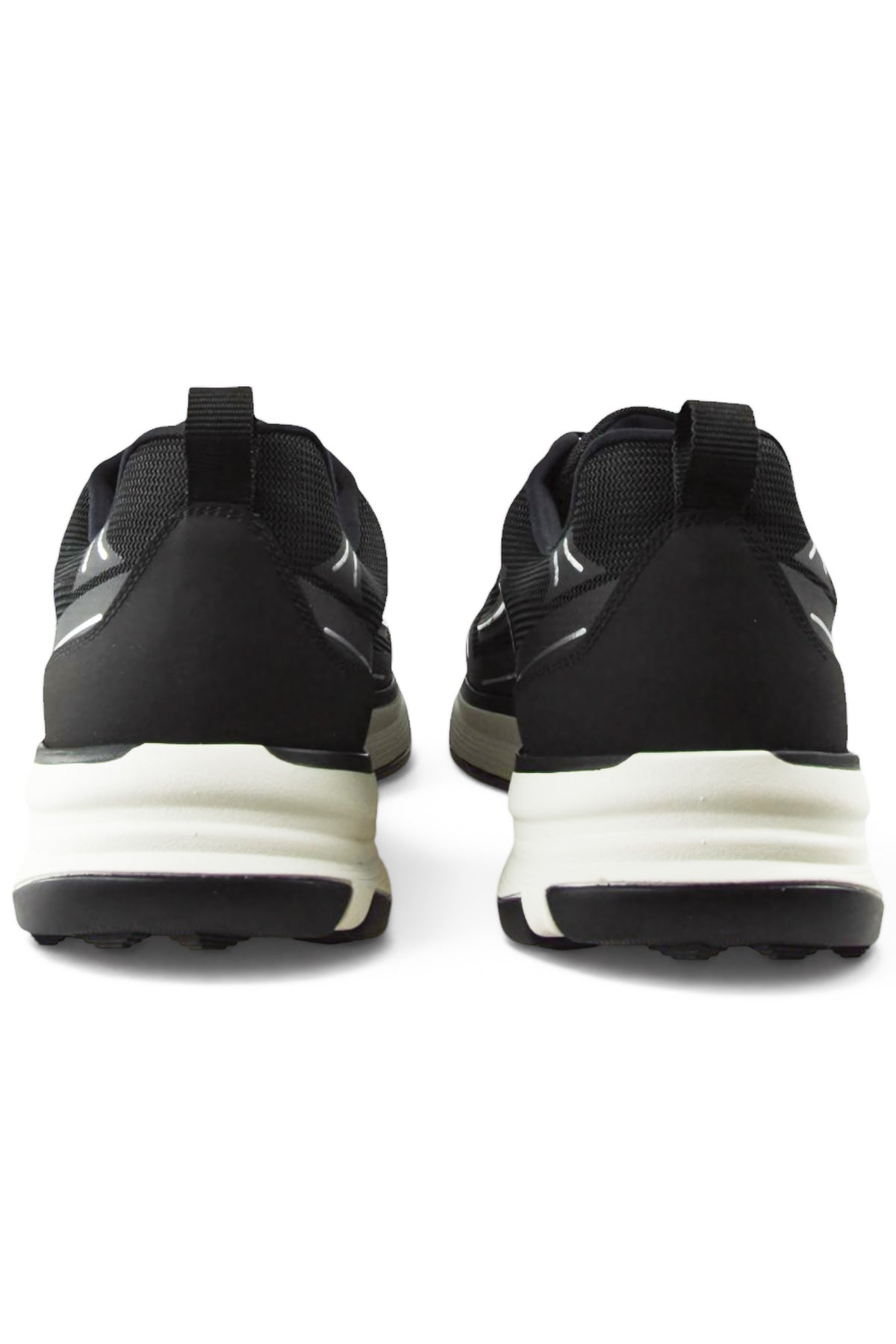 Back view of black lace-up trainers with heel pull tabs and cushioned white midsole