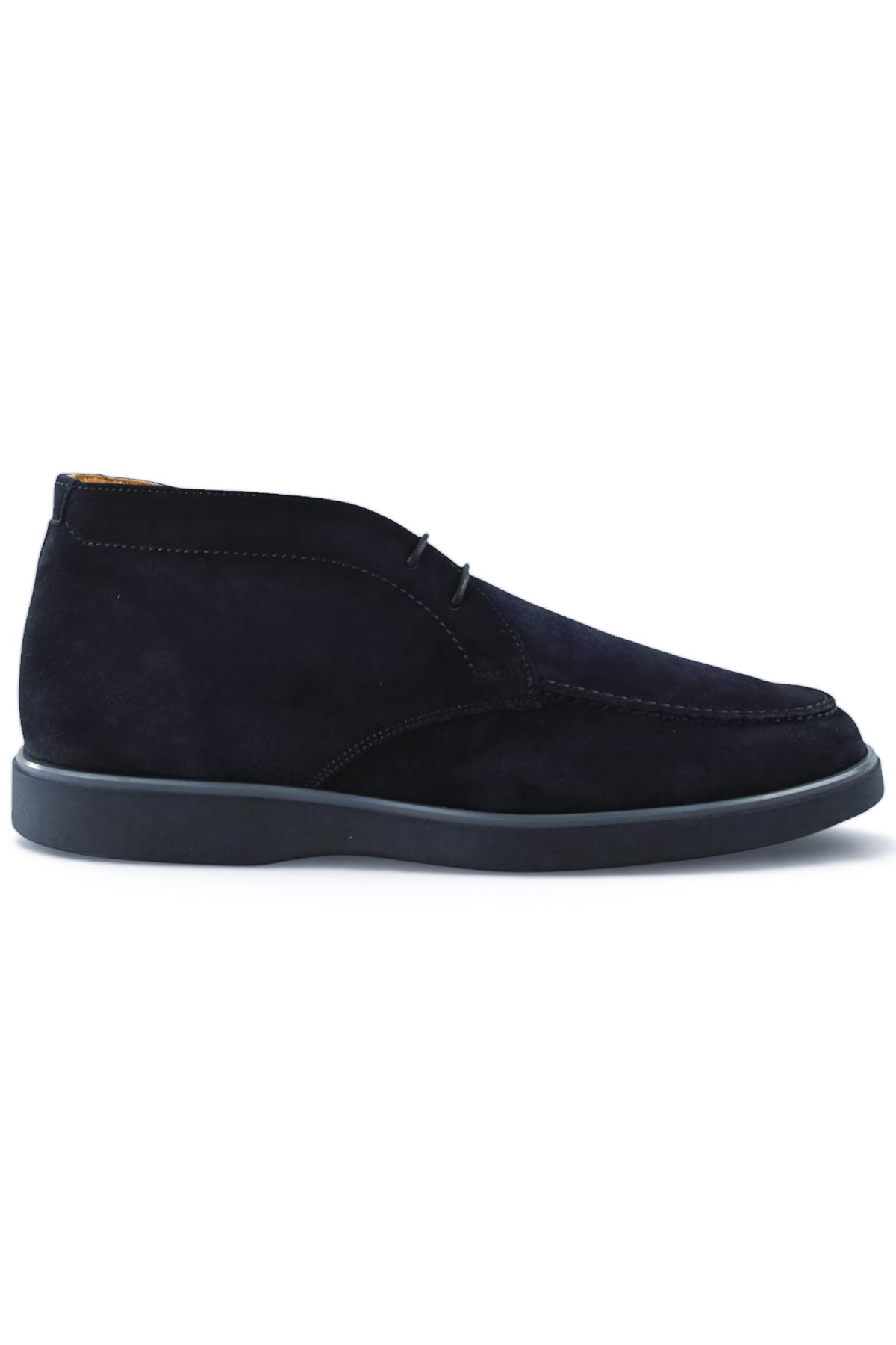 Blue suede chukka desert boots with lace-up closure and dark rubber sole.