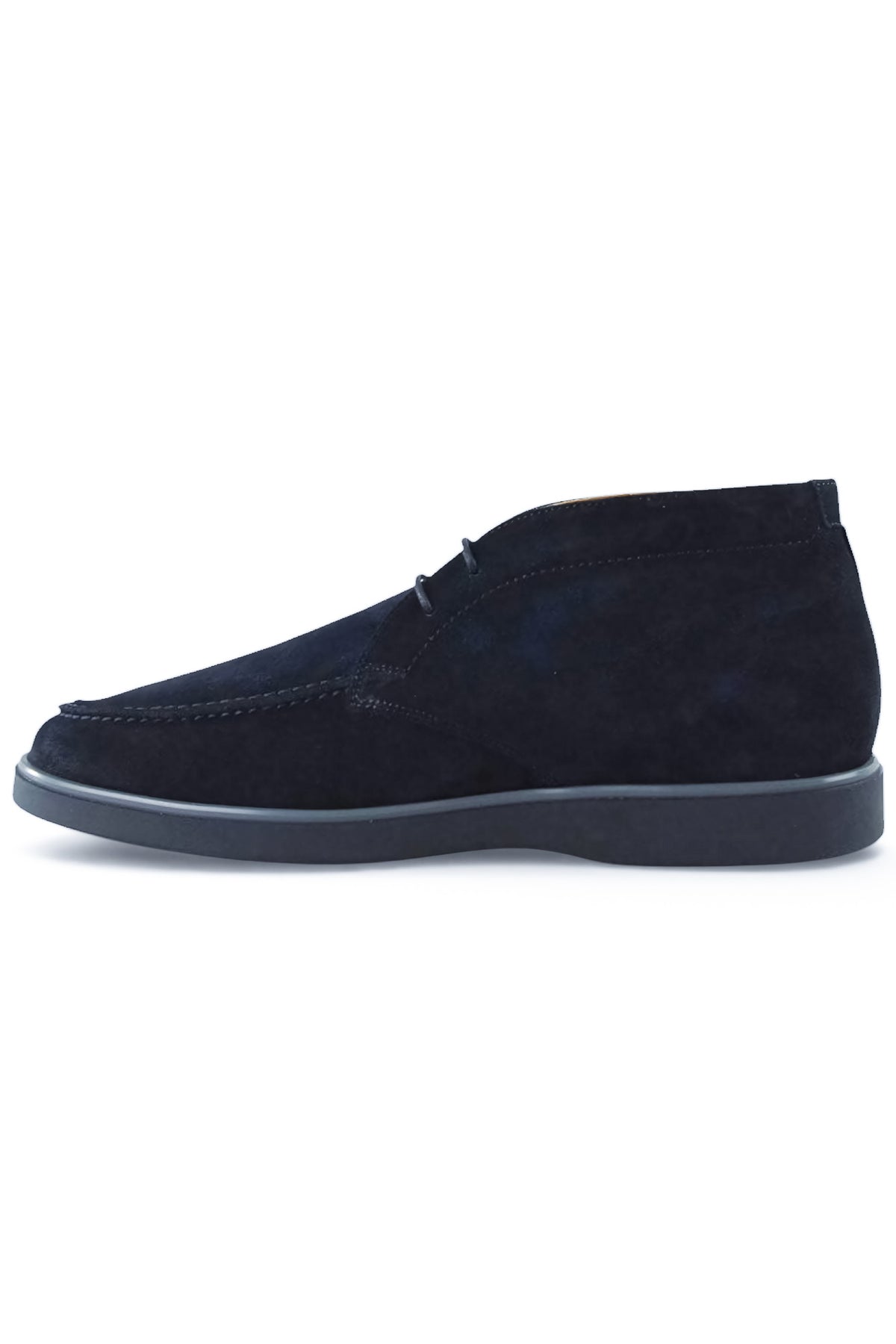 Blue suede chukka desert boots, front side view, lace-up design and rubber sole.