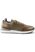 Tan lace-up knit and leather trainers with brown side panel and white cushioned sole
