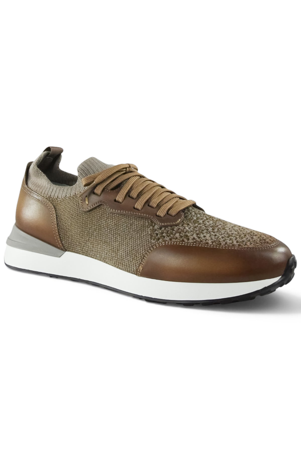 Tan lace-up knit and leather trainer profile with brown quarter panel and white midsole