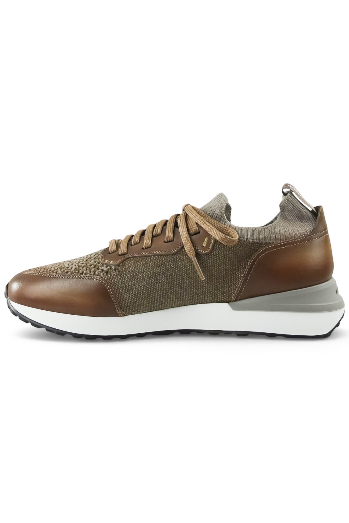Tan lace-up knit and leather low-top trainer with brown side panel and white sole