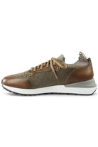 Tan lace-up knit and leather low-top trainer with brown side panel and white sole