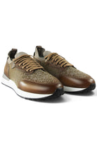 Pair of tan lace-up knit and leather trainers with brown panels and white midsoles