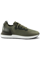 Khaki knit-and-leather lace-up sneakers with dark side panels and white rubber sole