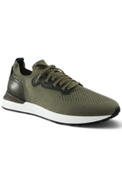 Khaki knit lace-up sneakers with leather quarter panel, dark collar, and white sole