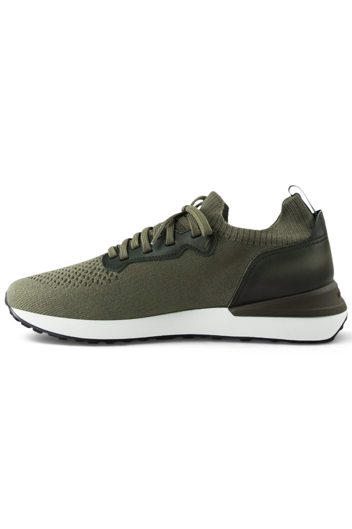 Khaki lace-up sneakers with mesh knit upper, leather side panel, and white midsole