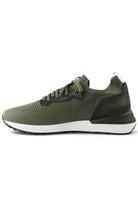 Khaki lace-up sneakers with mesh knit upper, leather side panel, and white midsole